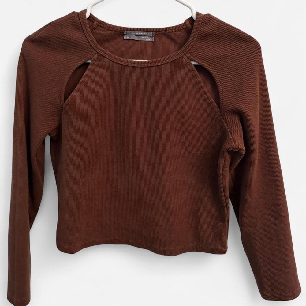 Anthropologie Brown Knit Cutout Shoulder Crop Top Long Sleeve Ribbed Size MP